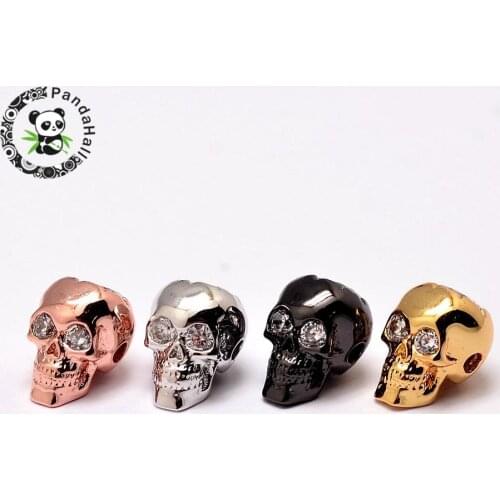 10pcs Brass Skull Beads Micro Pave Grade AAA Cubic Zirconia, Cadmium Free & Nickel Free & Lead Free, Mixed Color, 12.5x9x10mm