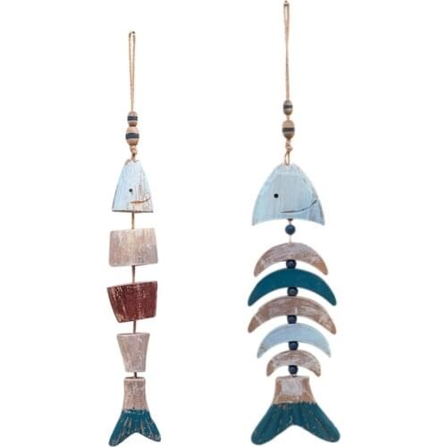 Wooden Decor Fish Bones with Beads Beach Theme Wall Decor Door Hanging Ornament Nautical Decoration