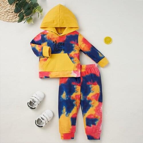Baby clothes Tie-dyed cotton fashion pocket hooded sweater two-piece suit for baby boys and girls baby girl sweater suits