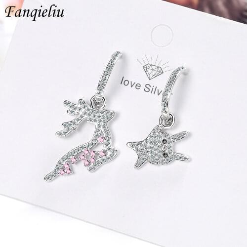 Fanqieliu Asymmetric Cute Deer Crystal Drop Earrings Women Vintage Jewelry 925 Sterling Silver Earrings For Woman FQL20295