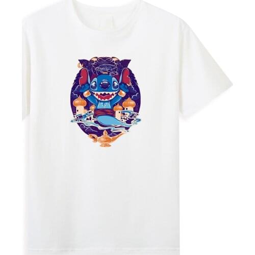 Lilo Stitch Magic Lamp Print T shirts Harajuku Summer Short sleeve Mens T-shirt Cartoon Kawaii Disney Tee Casual Cotton T Shirt
