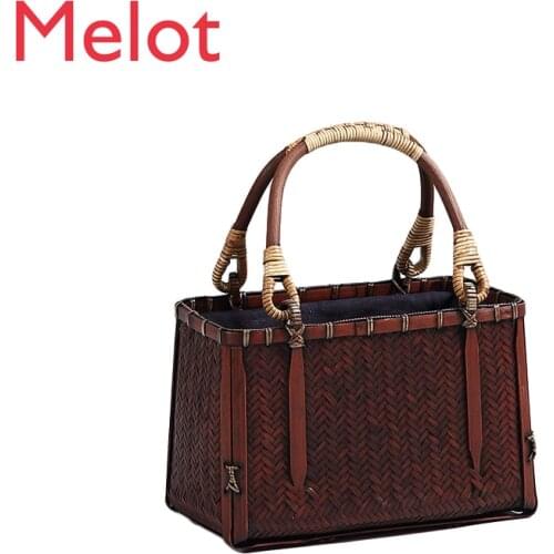 Chinese Handmade Bamboo Bag Japanese Retro Handmade Handbag Tea Ceremony Bamboo Bag Portable Tea Set Storage Bag