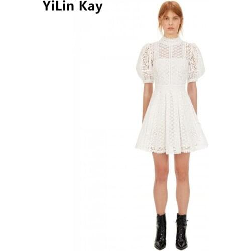 2020 High-end Custom Fashion runway Lace Dress Summer new white hollowed-out bubble sleeve party dress
