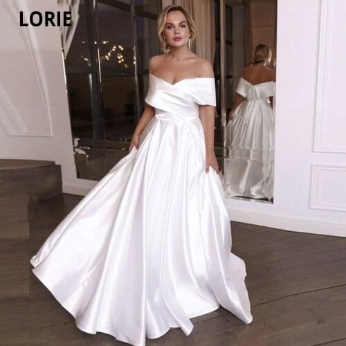 LORIE Simple A-line Satin Wedding Dresses with Off Shoulder Beach Wedding Gown Open Back Bridal Gown Plus Size Custom Made