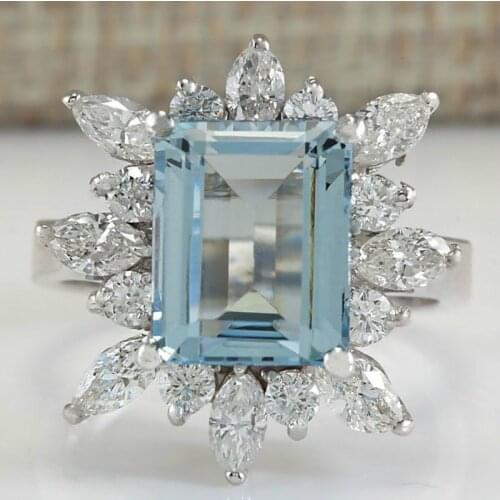 Fashion Women Light Blue Princess Cut Zircon Rings for Wedding Engagement Promise Bridal Ring Set Jewelry