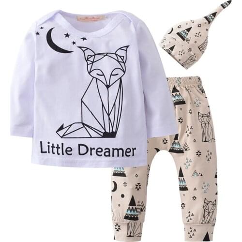 New 3pcs Toddler Baby Boy Clothing cute Long Sleeve Cartoon Fox T-shirt Tops Cotton Pants Hat Girl Outfits Clothes lnfant Set