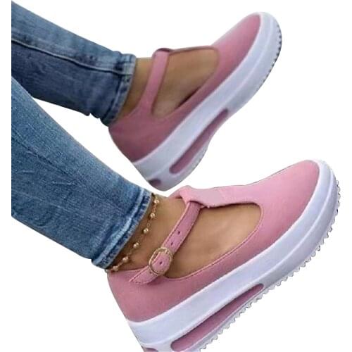 New Womens Round Head Loafers Shoes Fashion Buckle Design Shoes Low Upper Wedge Heel Retro Spring Autumn Shoes Chaussure Femme