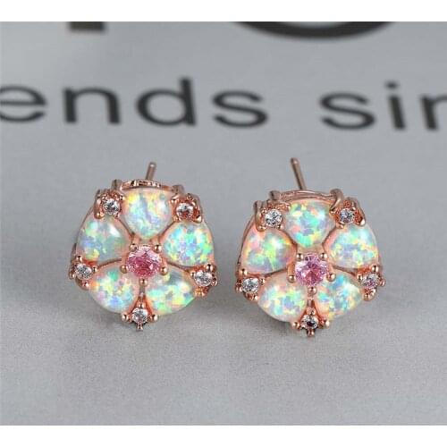 Charm Flower Small Stud Earrings Female Multicolor Opal Stone Earrings For Women Rose Gold Silver Color Crystal Wedding Earrings