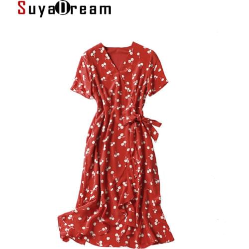 SuyaDream Woman Midi Dress 100%Silk Crepe Printed Short Sleeved A-Line Wrap Dress 2021 Spring Summer Dresses