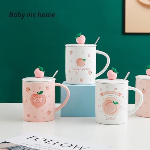 Janpan Style Cute Peach Mug with Lid and Spoon Cartoon Ceramic Cup Pink and White Coffee Cup Juice Milk Mug Office Tea Cup