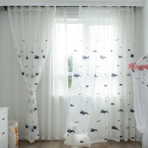 Blue Cartoon Whale Embroidered Sheer Voile Curtains for Childrens Living Room Navy Blue Baby Bedroom Curtains Tulle MY522#3
