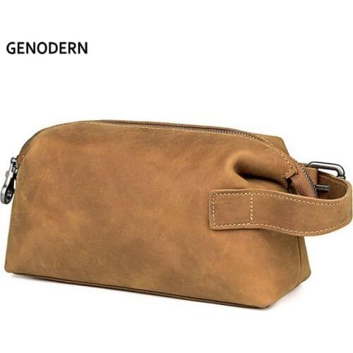 GENODERN Genuine Leather Travel Toiletry Bag Casual Travel Cosmetic Case Vintage Cow Leather Makeup Bag Toiletries Organizer