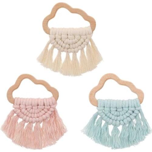 Vintage Baby Cloud Shape Wooden Teether Eco-Friendly Organic Crochet Wood Rattle Rring Chewable Infant Teething Chewing Toys
