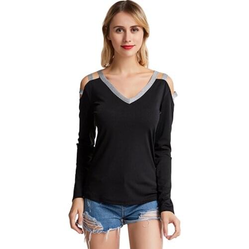 Women Sexy Sequin Blouse V-neck Cutout Sparkly Off Shoulder Long Sleeve Party Pullover Casual Slim Blouse Ladies Tee Tops New