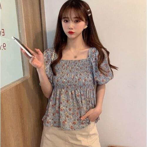 Vintage Floral Print T-Shirt Summer Square Collar Sweet Puff Sleeve Shirts Women Tops