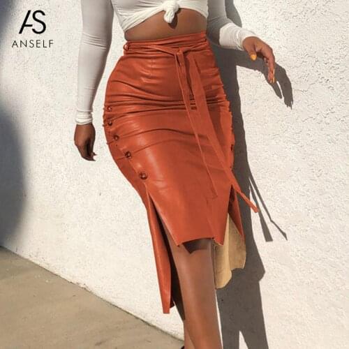 ANSELF Vintage PU Leather Skirt Women 2021New Sexy High Waist Knee Length Bodycon Split Midi Skirt Plus Size Office Pencil Skirt