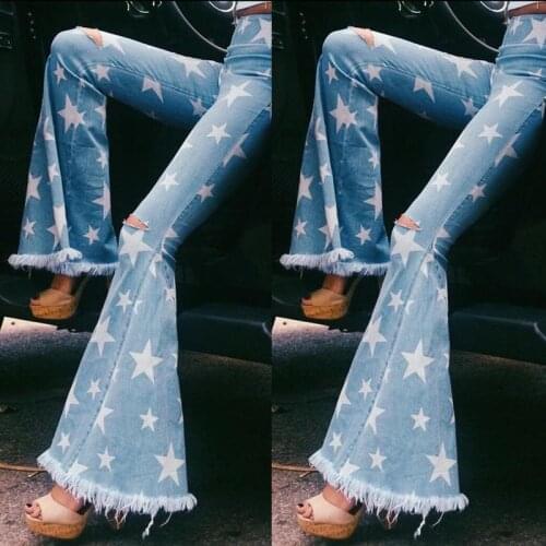 Woman Fashion Skinny Star Shape Printed with Tassel Stretchy Denim Jeans Sexy High Street Bell Bottoms Vintage Flare Pants