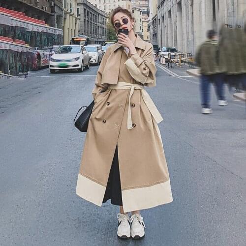 Womens Trench Coat Long Spring Autumn Korean Khaki Stitching Loose Windbreaker High-quality Lining Double Breasted Ladies Cloak