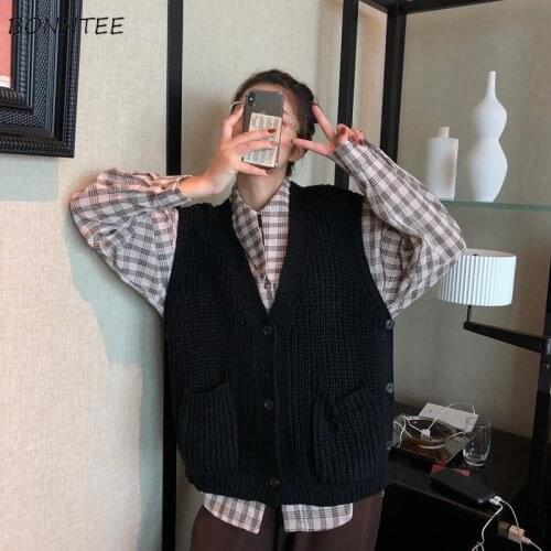 Sweater Vests Women Loose Casual Sleeveless Single Breasted V-Neck Student All-match Korean Version Daily Autumn Ladies Clothing
