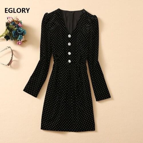 2020 Autumn Winter Fashion Celebrity Style Dress Women V-Neck Poka Dot Print Crystal Beading Buttons Long Sleeve Velvet Dress