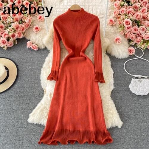 2021 New Spring Autumn Korean Turtleneck long sleeve knitted Dress Ruffles high waist elastic solid color mid-long wrap Dress