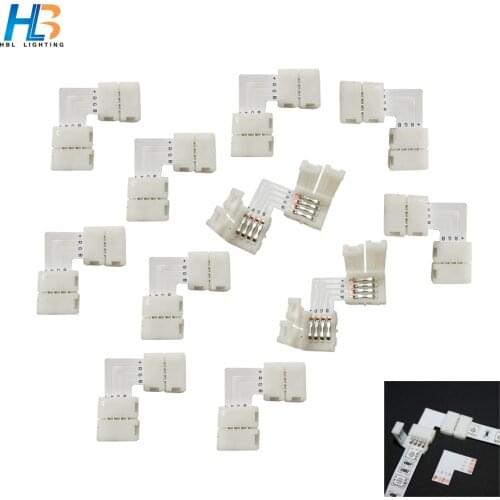 10pcs 20pcs 30 pcs Solderless L Shape 90 Degree Corner 10mm PCB 4pin RGB LED Connectors with Clips for DC12V 5050 LED Strip