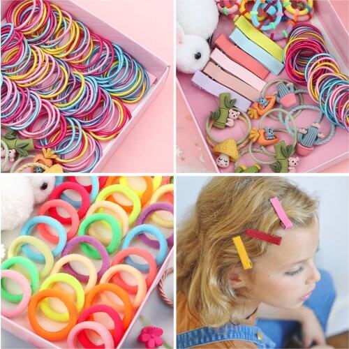 129Pcs Random Color Candy Nylon Elastic Headbands Baby Girl Animal Hair Ball Rabbit Sweet Waterdrop Shaped Hairpin Barrettes Set