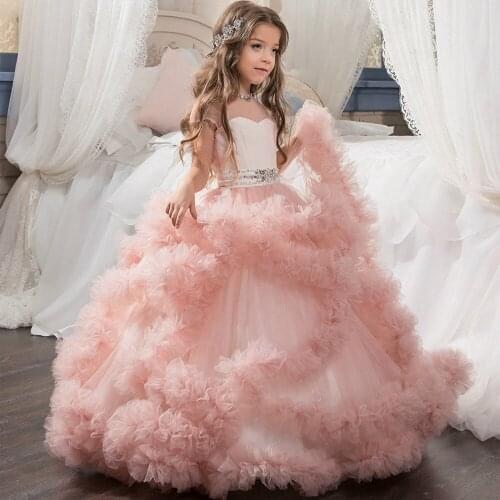 2018 Romantic Crystals Ruffles Tulle Flower Girl Dress for Weddings Girl Party First Communion Dress Kids Princess Pageant Gown