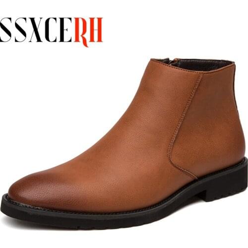 Brand Spring Fashion Leather Men Boots Convenient Zip Pointed Toe Business Dress Boots Shoes Men Black Brown Ankle Boots Men