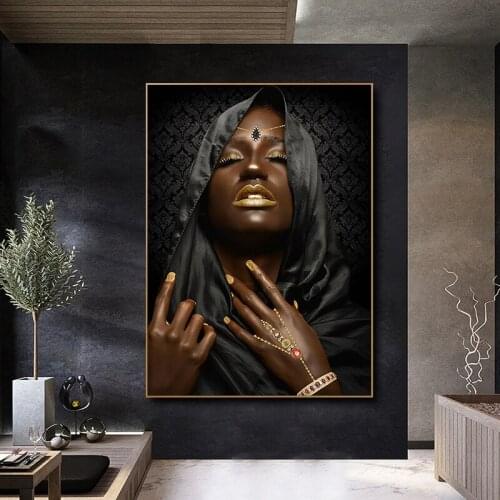 Black and Gold Turban Woman Portrait Canvas Painting Posters and Prints Scandinavian Wall Art Picture for Living Room Decor