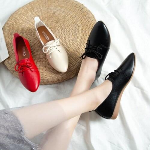 Black Non-slip Flat Shoes Lace-up Low-heel Leather Shoes Womens Casual Pointed Flats