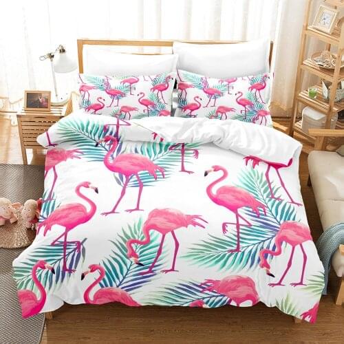 Green Pink Flamingos Bedding Set Soft Comfortable King Queen Home Textile Duvet Cover Pillowcase Bedroom Bed Cover Set Cotton