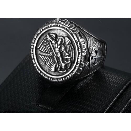 St Michael Archangel Biker Rings Mens Knigts Templar Stainless Steel Ring Dragon killer Guardian Angel Jewelry BR1296