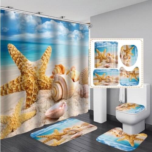 New Pattern Ocean series -Sea Star Waterproof Shower Curtain Bath Mat Pedestal Rug Lid Toilet Cover Bathroom 4pcs