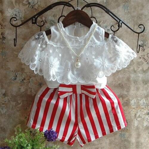 2-6 years summer girl clothing 2021 new fashion lace chiffon stripe kid children girl clothes T-shirt+pant 2 pcs clothing set