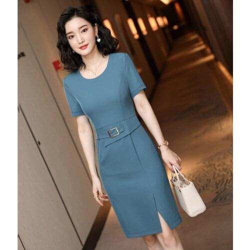 Novelty Slim Hips Dresses for Women Summer Short Sleeve Business Work Wear Beauty Salon Vestidos Dress with Belt