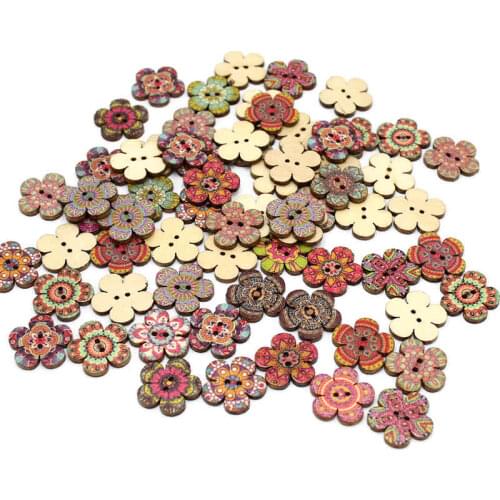 50pcs New 20/25mm 2 Holes Wooden Buttons Mixed Vintage flower pattern Sewing Accessories Scrapbooking for Craft accessories