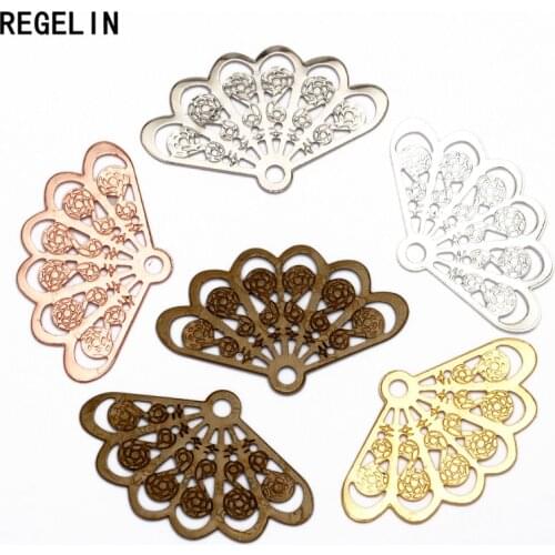 REGELIN 20pcs/lot Vintage Style 6 Colors Copper Fan Shape Filigree Hollow Charms Jewelry accessories DIY Components 14*23mm