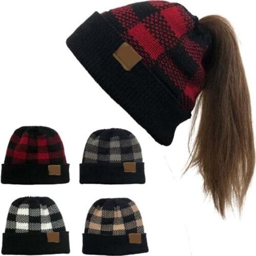 XEONGKVI Europe America Grid Flanging Christmas Hat Beanies Fashion Brand Acrylic Winter Warm Horsetail Knitted Cap For Women
