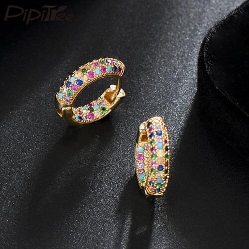 Pipitree Ladies Loop Earrings Round Circle Multicolor Cubic Zirconia Crystal Women Gold Hoop Earrings Jewelry for Wedding Party