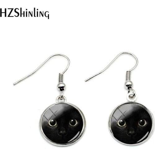 NHE-0115 New Black Cat Face Fish Hook Earrings Funny Cats Pendant Earrings Glass Dome Cabochon Jewelry