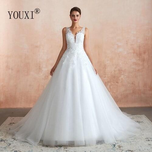 YOUXI Wedding Dress 2019 Ball Gowns Tulle Sequined Lace V-Neck Sheer Back Weding Bride Robe de Mariee