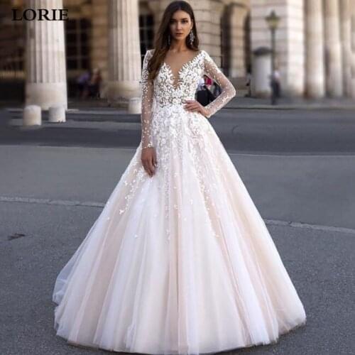 LORIE A Line Princess Wedding Dresses Long Sleeve Lace Appliques Bride Dresses Puff Tulle Floor Length Wedding Gowns