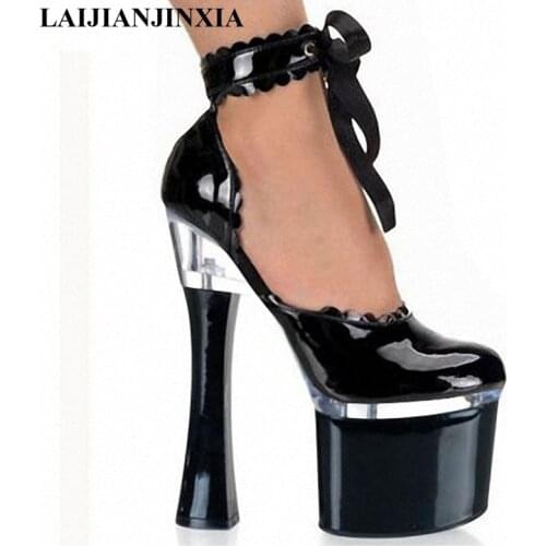 LAIJIANJINXIA New 18cm Sexy Straps Close Toe Shoes Platform Pumps Night Club Super High Heels Women Party Dance Pumps Shoes