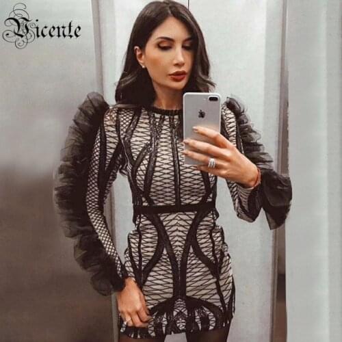 VC All Free Shipping Trendy Mesh Ruffles Long Sleeves Sequins Embellished Women Westidos O Neck Celebrity Party Dress