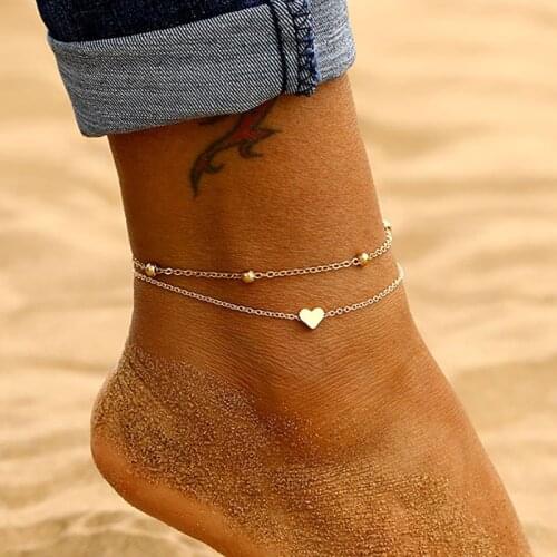 VKME Fashion Heart Pendant Layered Chain Anklets For Women Summer Simple Leg Chain Beach Anklet On Foot Ankle Bracelets Jewerly