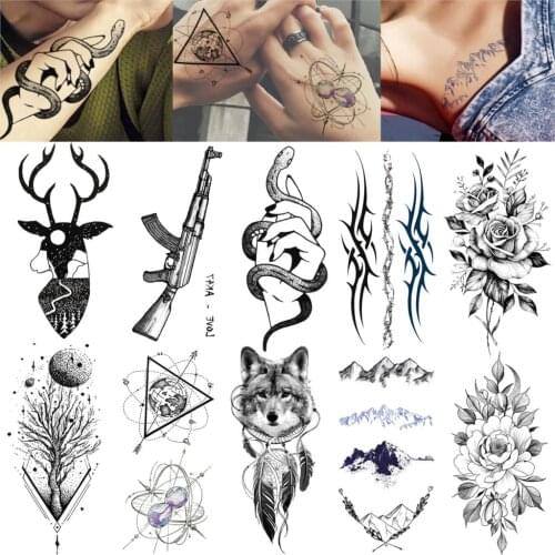 Fox Deer Temporary Tattoo Illustration Planets Mountain Flower Ninimalist Fake Snake Hands Men Chains Fake Jewels AK Gun Tattoo