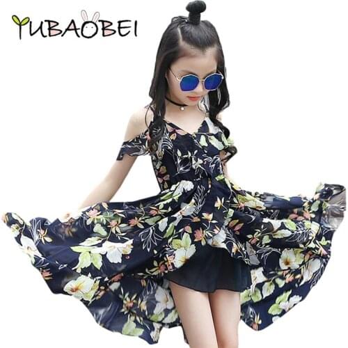 YUBAOBEI Summer Girls Off Shoulder Dress Childrens Bohemia Style Sleeveless Chiffon Flower Dress Clothes For Girls 12 Years Old
