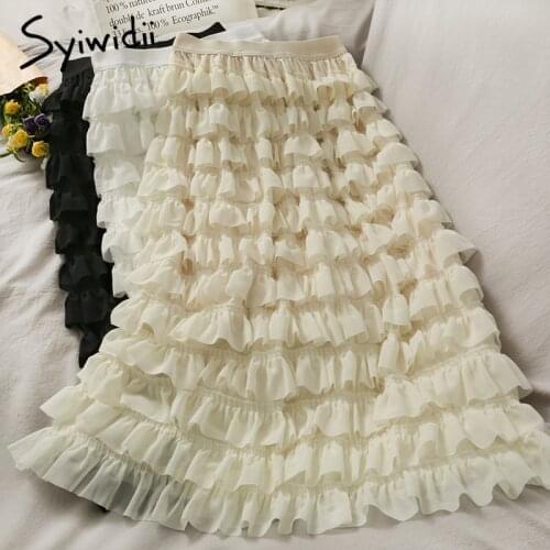 Syiwidii Ruffles Skirt Women High Waist Casual A-Line Mid-Calf Solid White Black 2021 Spring Summer Korean Fashion Cake Skirts