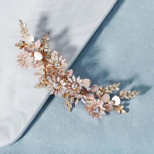 Bride Wedding Hair Grip Handmade Rhinestone Hairpin Retro Gold Flower Leaves Hair Clip Headpeice Headband Hair Accessories VL